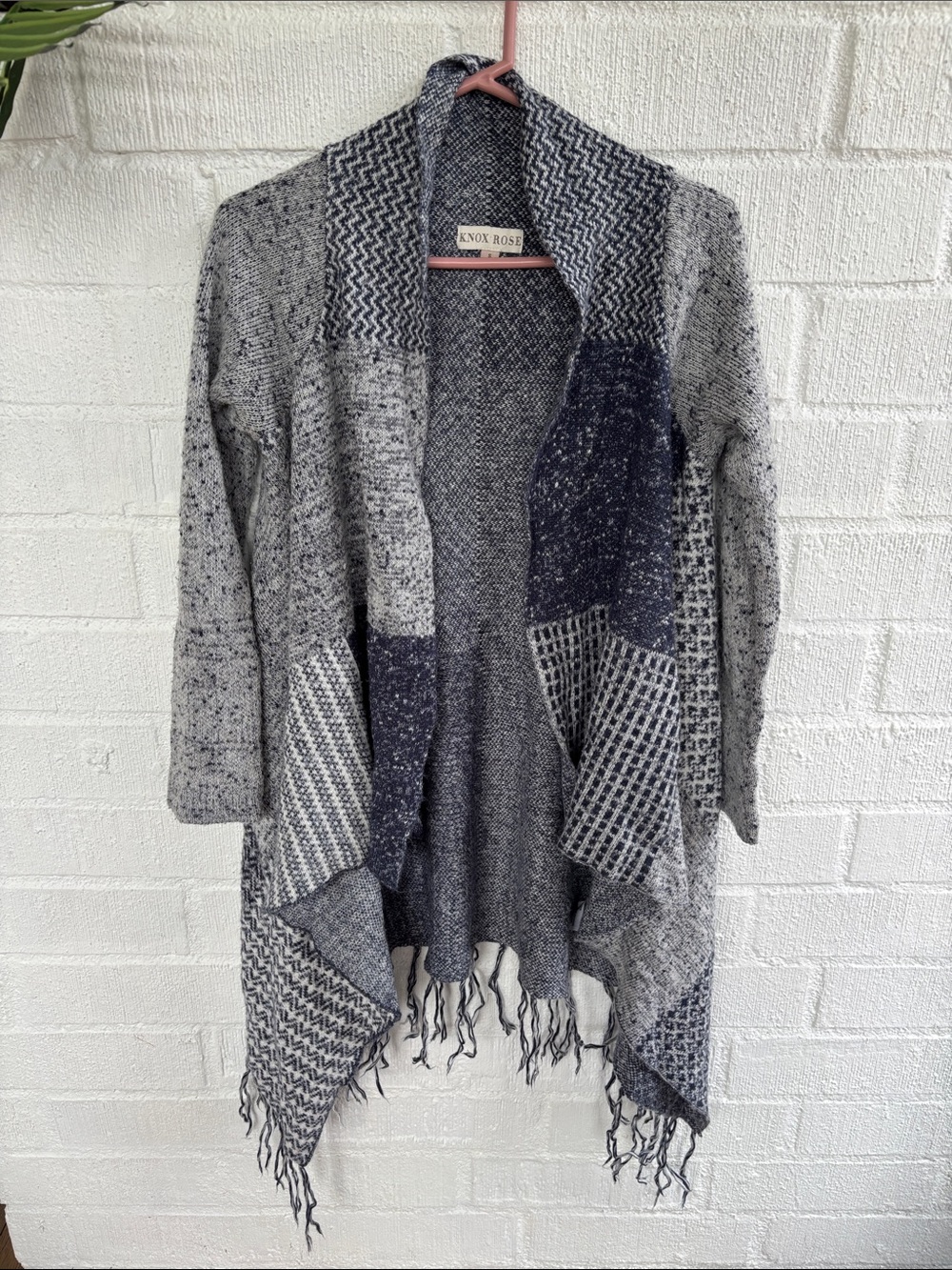 Knox Rose Patchwork Knit Open-Front Fringe Cardigan sz S